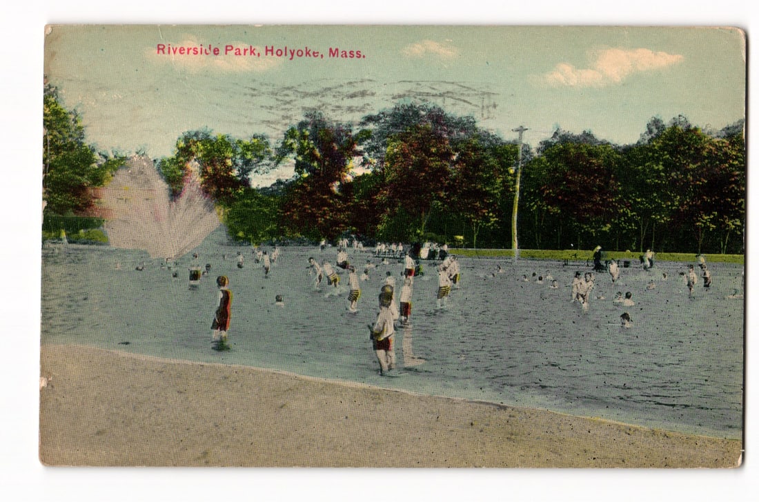 Riverside Park, Holyoke, Mass. Swimmers & Waders Scene, Early 20th C. Postcard, 1912 Mark (1 of 2)