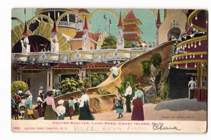 Helter-Skelter Ride, Luna Park, Coney Island, NY. Chromolithograph Postcard. 1905 Postmark.