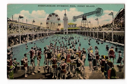 Antique Postcard: Steeplechase Swimming Pool, Coney Island, NY, Crowded Amusement Park Scene