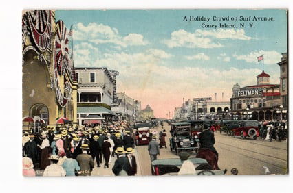 Coney Island Postcard: Holiday Crowd on Surf Avenue, N.Y., Early Autos & Feltmans, 1918 Era