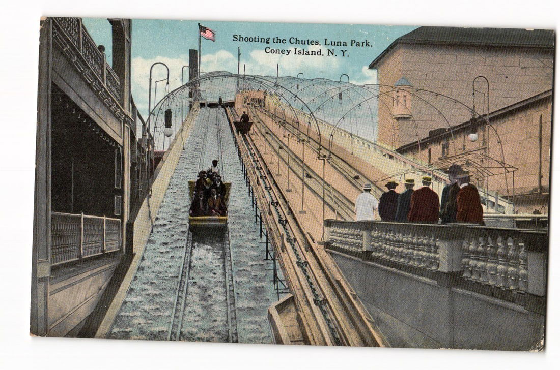 Shooting the Chutes, Luna Park, Coney Island, N.Y., Amusement Ride Postcard, Postmarked 1919 (1 of 2)