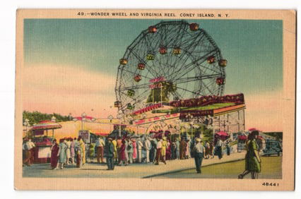 Coney Island, N.Y. Wonder Wheel and Virginia Reel Amusement Park Scene, Antique Linen Postcard.