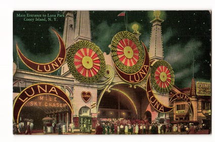 Main Entrance to Luna Park, Coney Island, N. Y. at Night, Illuminated Amusement Park Postcard