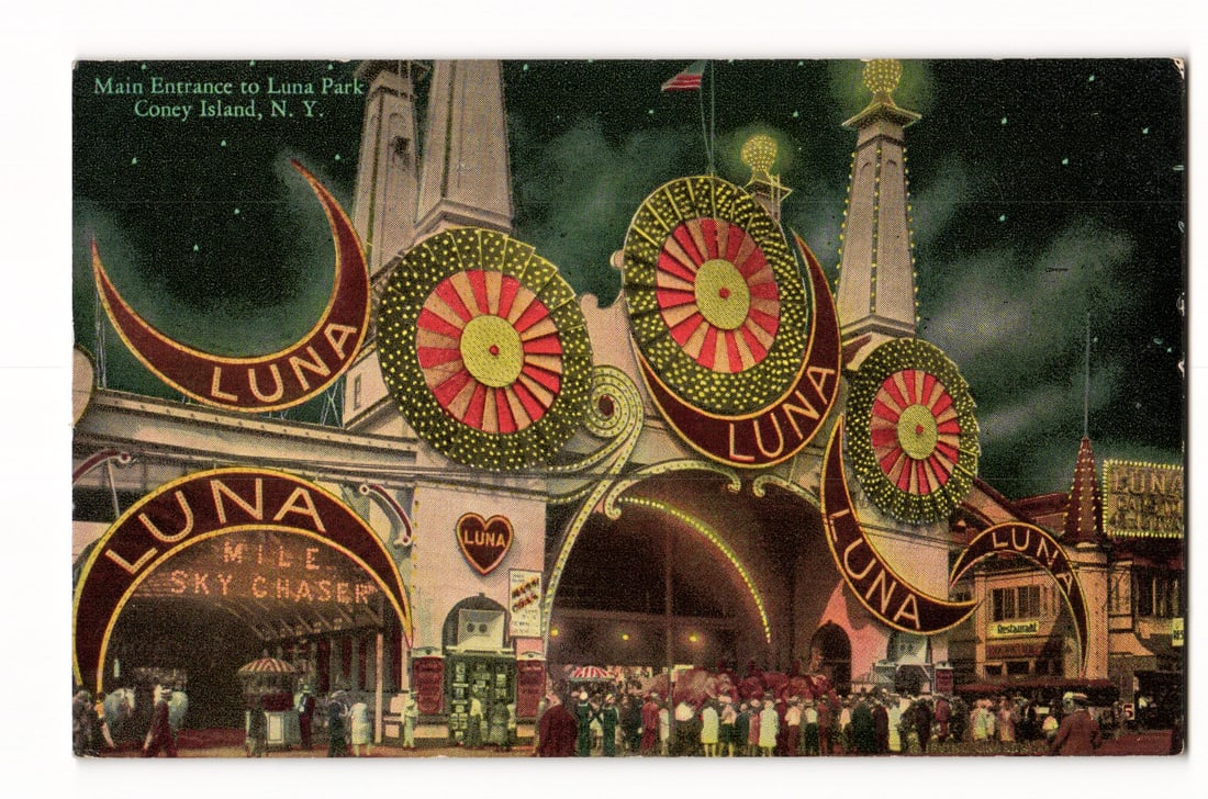 Main Entrance to Luna Park, Coney Island, N. Y. at Night, Illuminated Amusement Park Postcard (1 of 2)