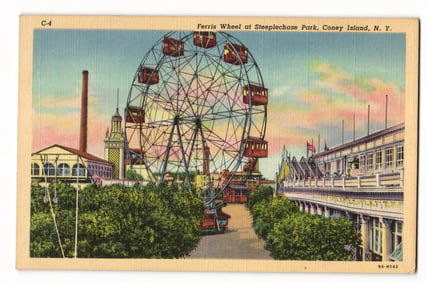 Ferris Wheel at Steeplechase Park, Coney Island, N.Y., Amusement Ride Scene, Color Postcard