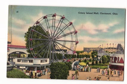 Coney Island Mall, Cincinnati, Ohio: Ferris Wheel & Park Scene, Color Photo Postcard, 1951 PM