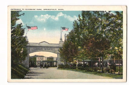Entrance to Riverside Park, Springfield, Mass. Archway with Flags, Early 20th C. Postcard