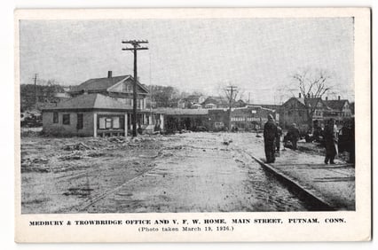Floodwaters at Medbury & Trowbridge Office and V.F.W. Home, Putnam, Conn. March 1938 postcard.