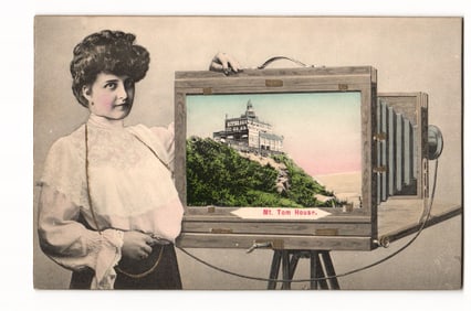 Mt. Tom House, Woman with View Camera, Early 20th Century Colorized Novelty Postcard