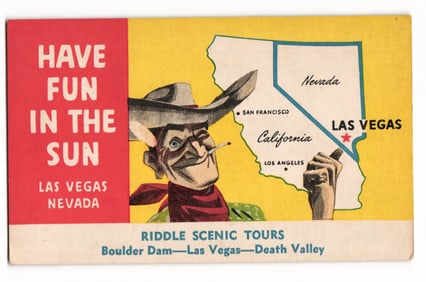 Las Vegas Nevada "Have Fun in the Sun" Riddle Scenic Tours Advertising Postcard w/ Map Illustration