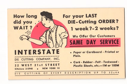 Interstate Die Cutting Co. Advertisement Postcard, Same Day Service, New York, NY, c. 1950