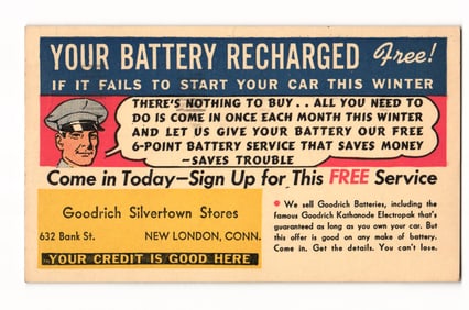 Goodrich Silvertown Stores Free Battery Service Advertisement Postcard, New London, Conn. 1938