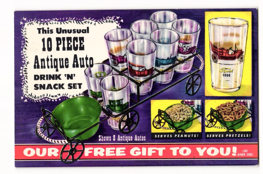 Advertising Postcard: 10 Piece Antique Auto Drink 'N' Snack Set, Brown & Gravenson, N.Y. (1 of 2)