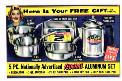 Federal Aluminum Set Free Gift Offer Advertising Postcard, Mid-Century Cookware Promotion