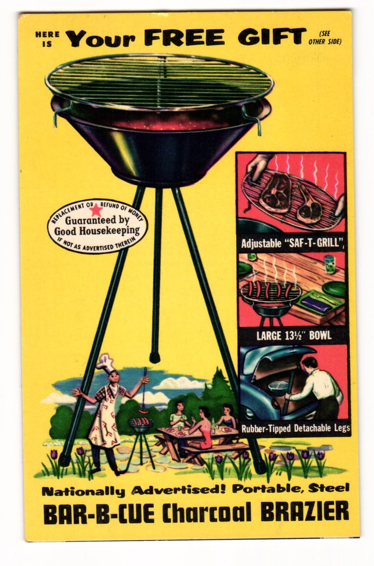 Advertising Postcard: Bar-B-Cue Charcoal Brazier Free Gift, Brown & Gravenson Inc., New York (1 of 2)