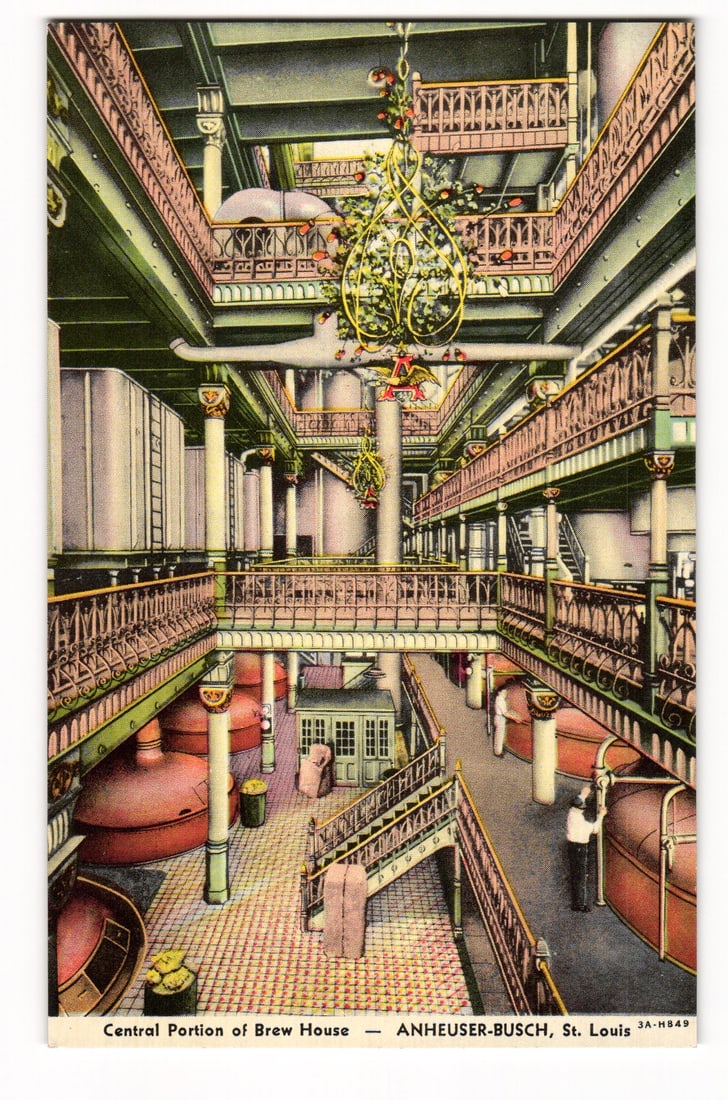 Anheuser-Busch St. Louis Brew House Interior, Large Vats, Ornate Railings Antique Postcard (1 of 2)