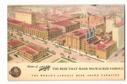 Schlitz Brewery Milwaukee "The Beer That Made Milwaukee Famous" Aerial View Postcard, 1942