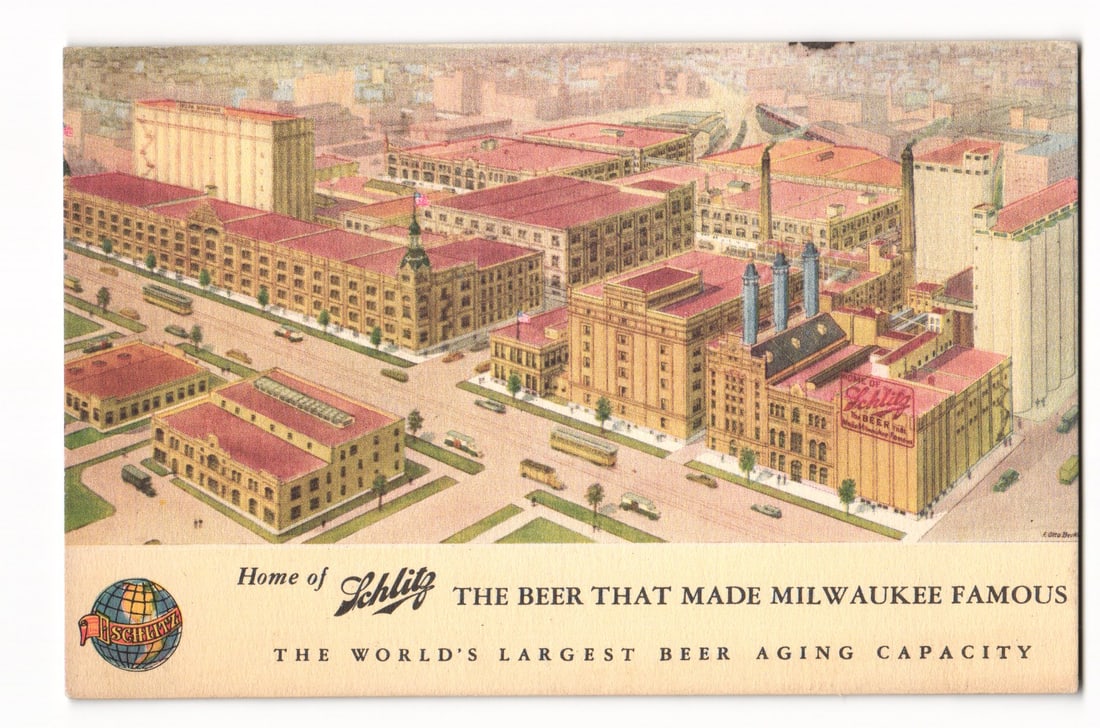 Schlitz Brewery Milwaukee "The Beer That Made Milwaukee Famous" Aerial View Postcard, 1942 (1 of 2)