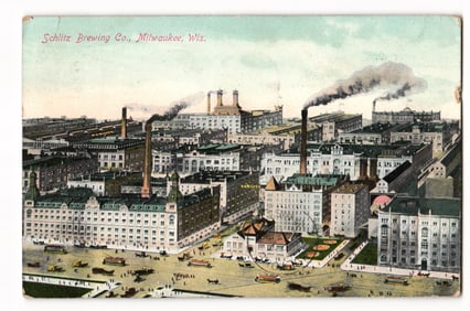 Schlitz Brewing Co., Milwaukee, Wis. brewery complex, streetcars, early 20th century postcard