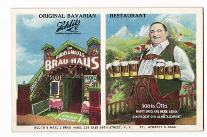 Rudi's & Maxl's Brau-Haus, Otto, New York Advertising Postcard, Schlitz Beer Feature