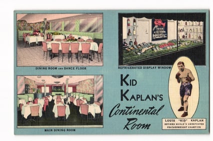 Postcard of Kid Kaplan's Continental Room, Hartford, CT: Restaurant Interiors & Boxer Portrait