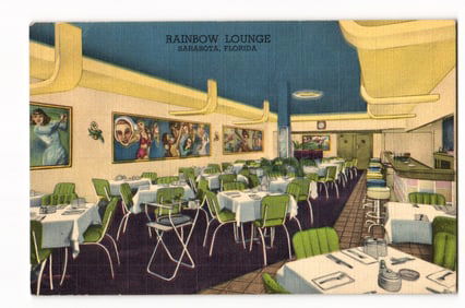 Antique Postcard: Rainbow Lounge Interior Dining Area and Bar, Sarasota, Florida Restaurant.