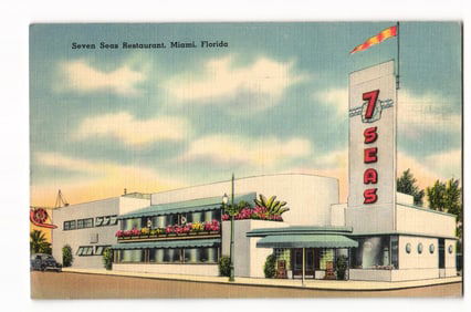 Seven Seas Restaurant, Miami, Florida. Exterior View, Linen Era Postcard, Art Deco Design.