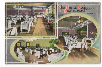 The Home Dairy Restaurant, Denver - Main Dining Room, Annex, Smoking Room - Early 20th C. postcard