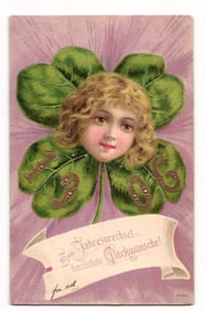 1906 New Year Postcard: Child's Face on Embossed Four-Leaf Clover, German 'Glückwünsche'
