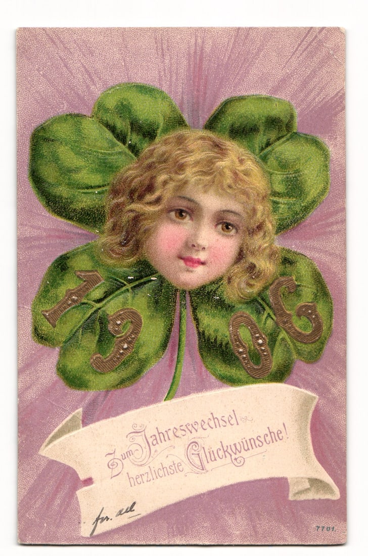 1906 New Year Postcard: Child's Face on Embossed Four-Leaf Clover, German 'Glückwünsche' (1 of 2)