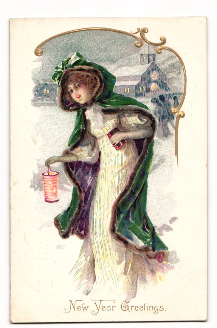New Year Greetings postcard: Woman with Lantern & Church, Tuck & Sons' 'New Year' Series No 113 (1 of 2)