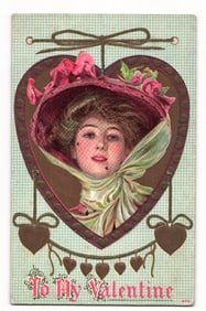 Early 20th C. Valentine Postcard: Lady in Hat & Veil, Heart Motif, "To My Valentine", No. 972