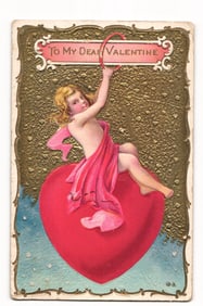To My Dear Valentine Postcard: Cherub on Heart, Gold Background, Amherst 1911 Postmark