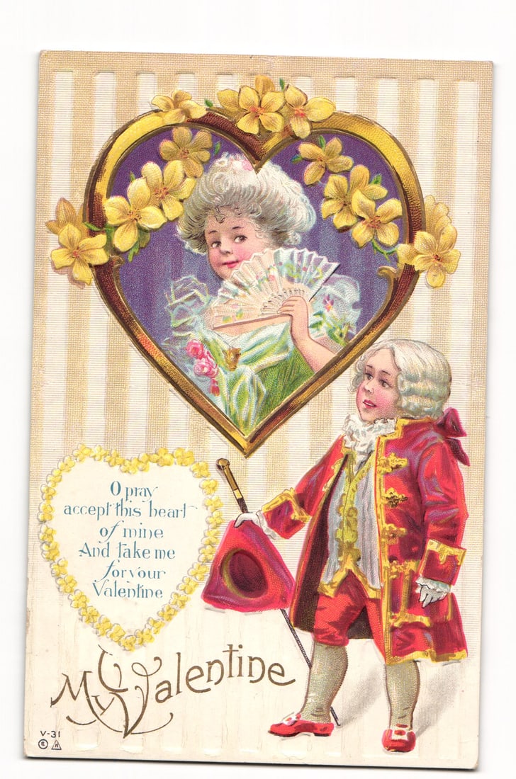Embossed Valentine Postcard: Woman in Floral Gilded Heart, Boy in 18th-Century Attire, Verse (1 of 2)