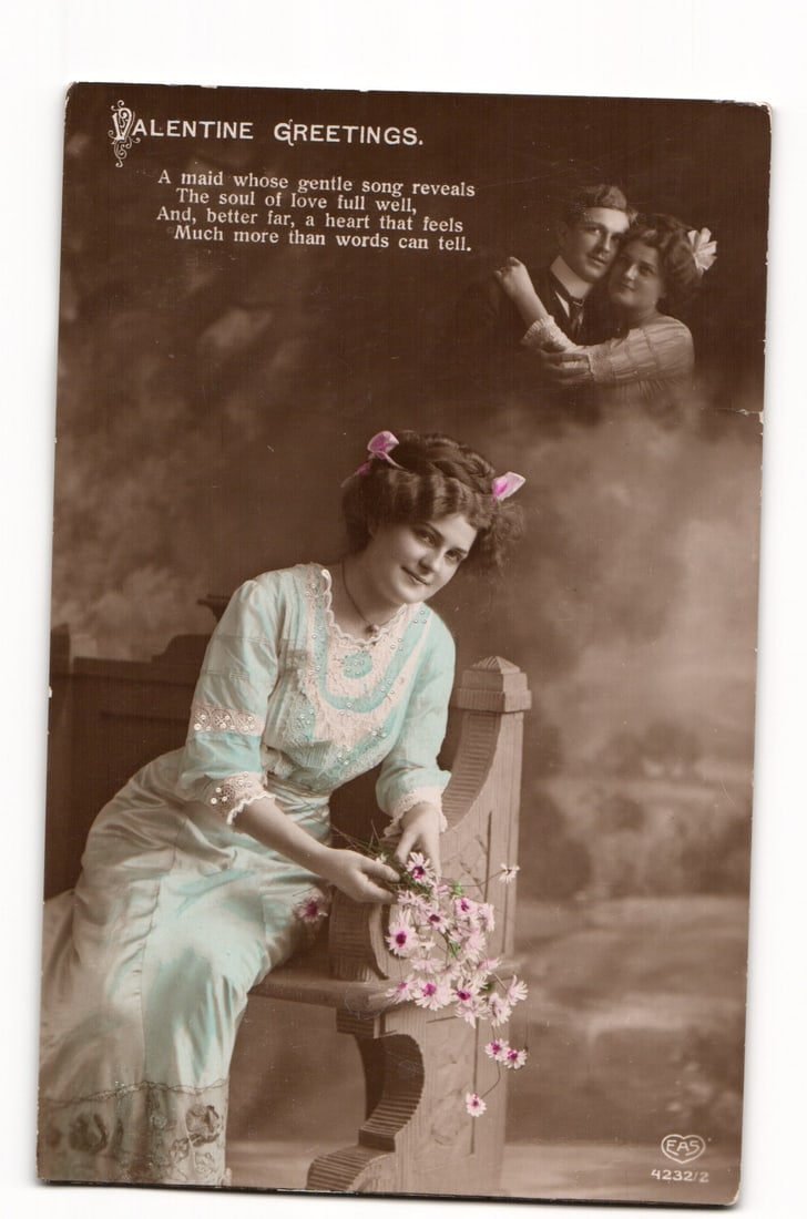 Valentine Greetings Postcard, Woman with Daisies & Embracing Couple Vignette, c. 1931 Postmark (1 of 2)