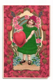 Embossed Valentine's Day Postcard: Young Girl in Green Dress Holding Large Red Heart, Floral, 1912
