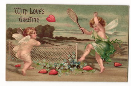 Antique Postcard: Winged Cherubs Playing Tennis, "With Love's Greeting," Hearts, Putnam 1908