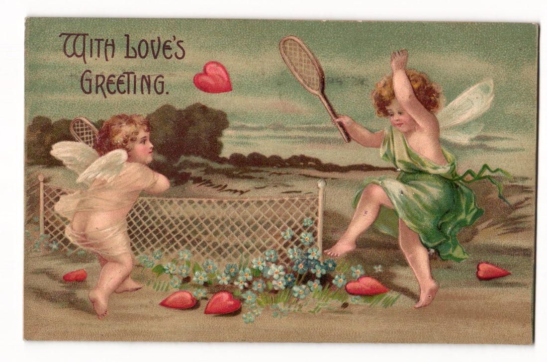 Antique Postcard: Winged Cherubs Playing Tennis, "With Love's Greeting," Hearts, Putnam 1908 (1 of 2)