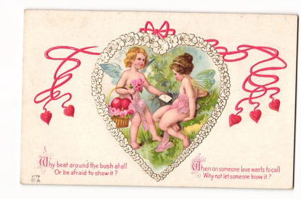 Antique Valentine's Day Postcard: Two Cherubs in Heart Frame, Croton Heights 1914 Postmark