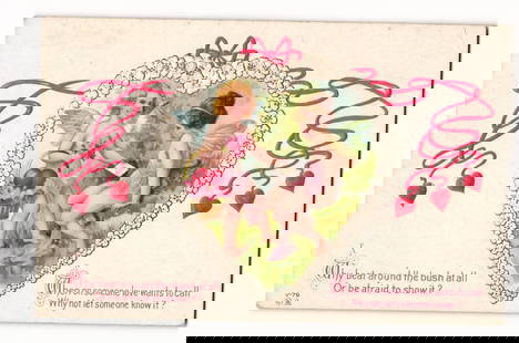 Antique Valentine's Day Postcard: Two Cherubs in Heart Frame, Croton Heights 1914 Postmark: This embossed postcard features a color chromolithograph illustration. The central image, contained within a large, embossed, lace-edged heart-shaped frame, depicts two winged, cherubic figures. The f