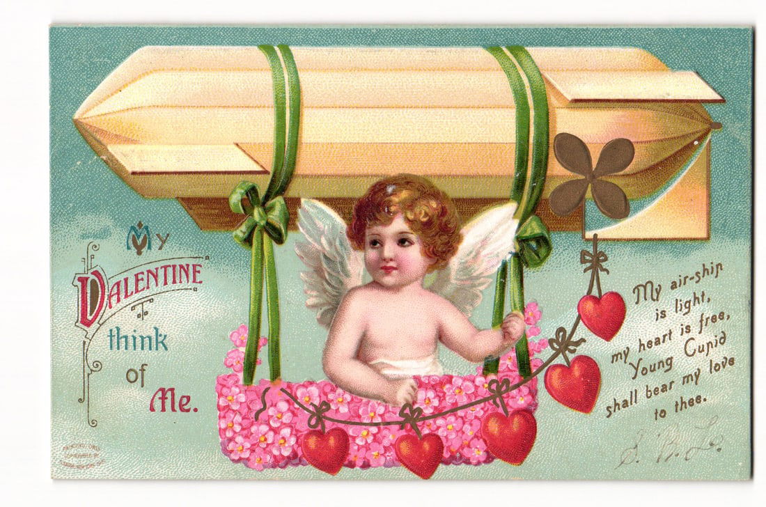 Embossed Valentine postcard: Cupid in airship with hearts, Monmouth ME postmark 1910, Germany (1 of 2)