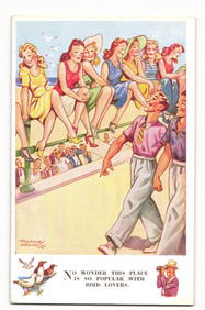 Thomas Henry "Bird Lovers" Comic Postcard, Seaside Scene, Valentine's Series, Mid-Century Art