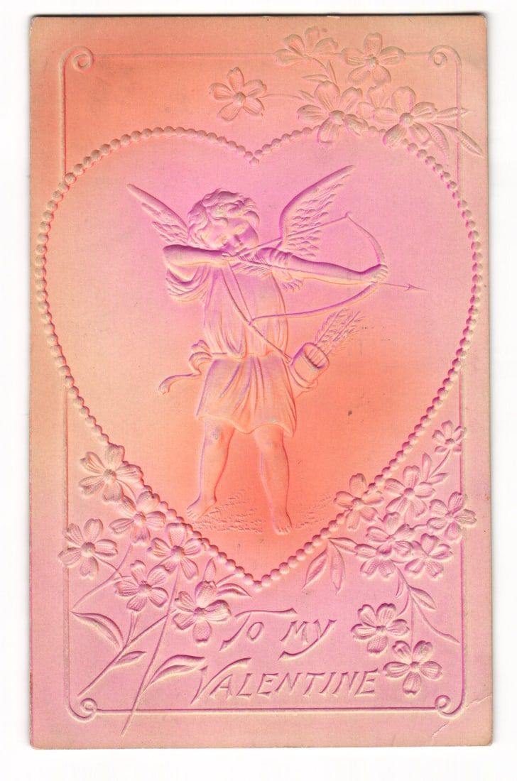 Embossed Cupid with Bow and Arrow, 'To My Valentine' Postcard, Sent to Rutland, VT, 1912: The front features an embossed design of a winged cherubic figure, Cupid, centered within a large, dotted heart outline. Cupid is depicted aiming a bow and arrow to the right, with a quiver of arrows