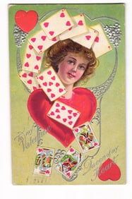 Embossed Valentine Postcard: Woman, Hearts, Playing Cards Motif, Providence RI 1912 Postmark