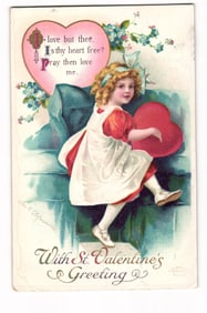 Embossed St. Valentine's Greeting Postcard, Girl with Heart, Clapsaddle Design, c. 1911