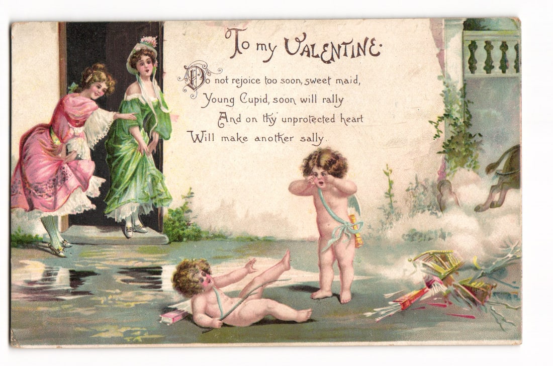 Valentine postcard: Two Cupids, Women in doorway, "To my VALENTINE" poem, chromolithograph: A color illustration depicts a scene with two female figures and two Cupids. On the left, two women stand in a doorway. The foremost woman, wearing a pink and white ruffled dress, gestures towards the
