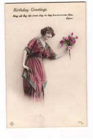 Hand-Tinted Birthday Greetings Postcard: Woman in Flowing Dress with Bouquet, Burns Quote