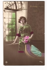 Early 20th C. Tinted 'Birthday Wishes' Woman with Flowers Postcard, Polish Inscription
