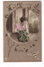 Antique Tinted Birthday Greetings Postcard Woman Floral Wreath Tennyson Quote Schofield Bks NJ