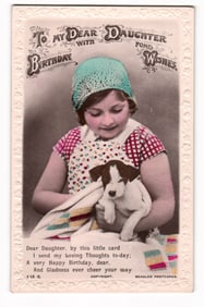 1934 'To My Dear Daughter' Birthday Postcard, Reading: Girl with Puppy, Beagle's RPPC